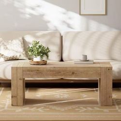 COZAYH Rustic Wood Coffee Table with Chunky Block-Legs, Farmhouse Style Center Table, Lounge, Rectangular