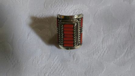 Genuine Turquoise and Coral Sterling silver ring