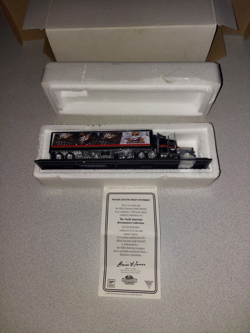 VINTAGE 1996 MATCHBOX COLLECTIBLES CCY01-M PETERBILT MILLER GENUINE DRART TRACTOR TRAILER IN BOX WITH CERTIFICATE OF AUTHENTICITY