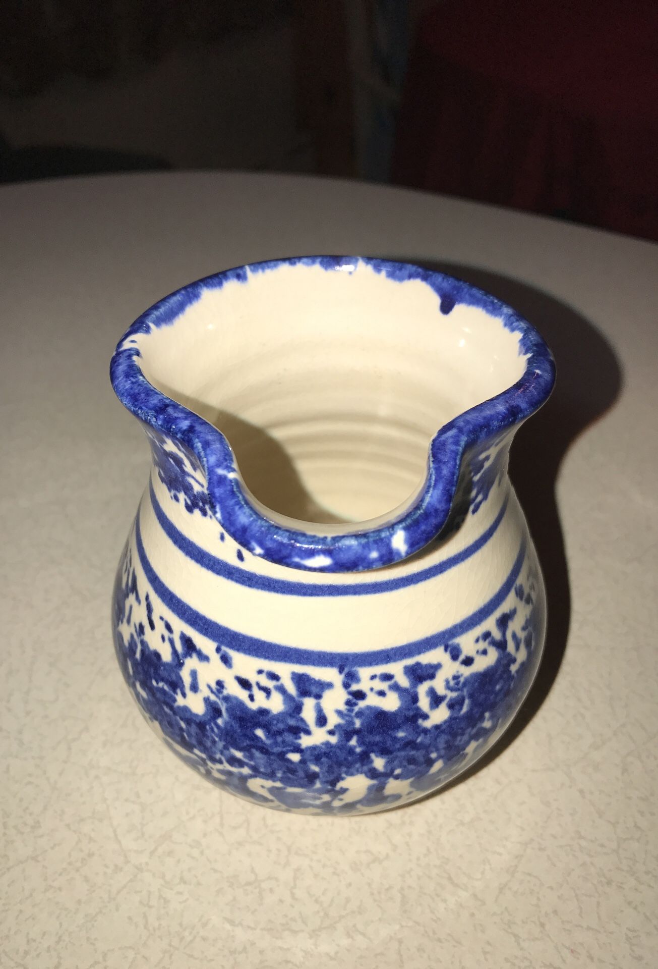 Stoneware Blue & White Glazed Spongeware/Splatterware Pitcher signed Rey’s on bottom