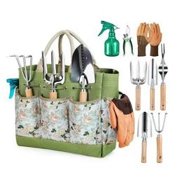 Grenebo Gardening Tools 9-Piece Heavy Duty Garden Hand Tools with Fashion and Durable Garden Tools Organizer Handbag, Rust-Proof Garden Tool Set, Idea