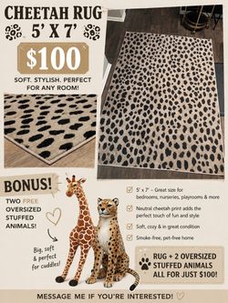 5x7 Cheetah Print Area Rug + 2 FREE Oversized Stuffed Animals