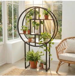Circular Metal Plant Stand with Wood Shelves