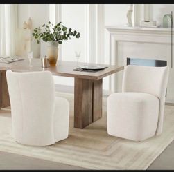 SET OF 2 Madie Beige Linen Upholstered Dining Chair with Casters - brand new