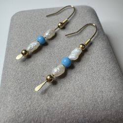 14K Solid Gold Handmade Rice Seed Pearl & Turquoise Bead Drop Earrings 1.1g