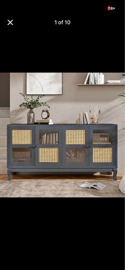 Modern Sideboard Buffet Cabinet with Glass & Rattan Doors, Spacious Storage, Console Table for Living Room, Kitchen, Dining Room, Multi-Functional Gab