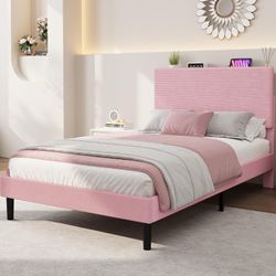 Single Bed Frame with Soft-Padded Corduroy Storage Headboard — Sturdy Metal Support, Silent & Noise-Free, Easy Assembly, Pink.