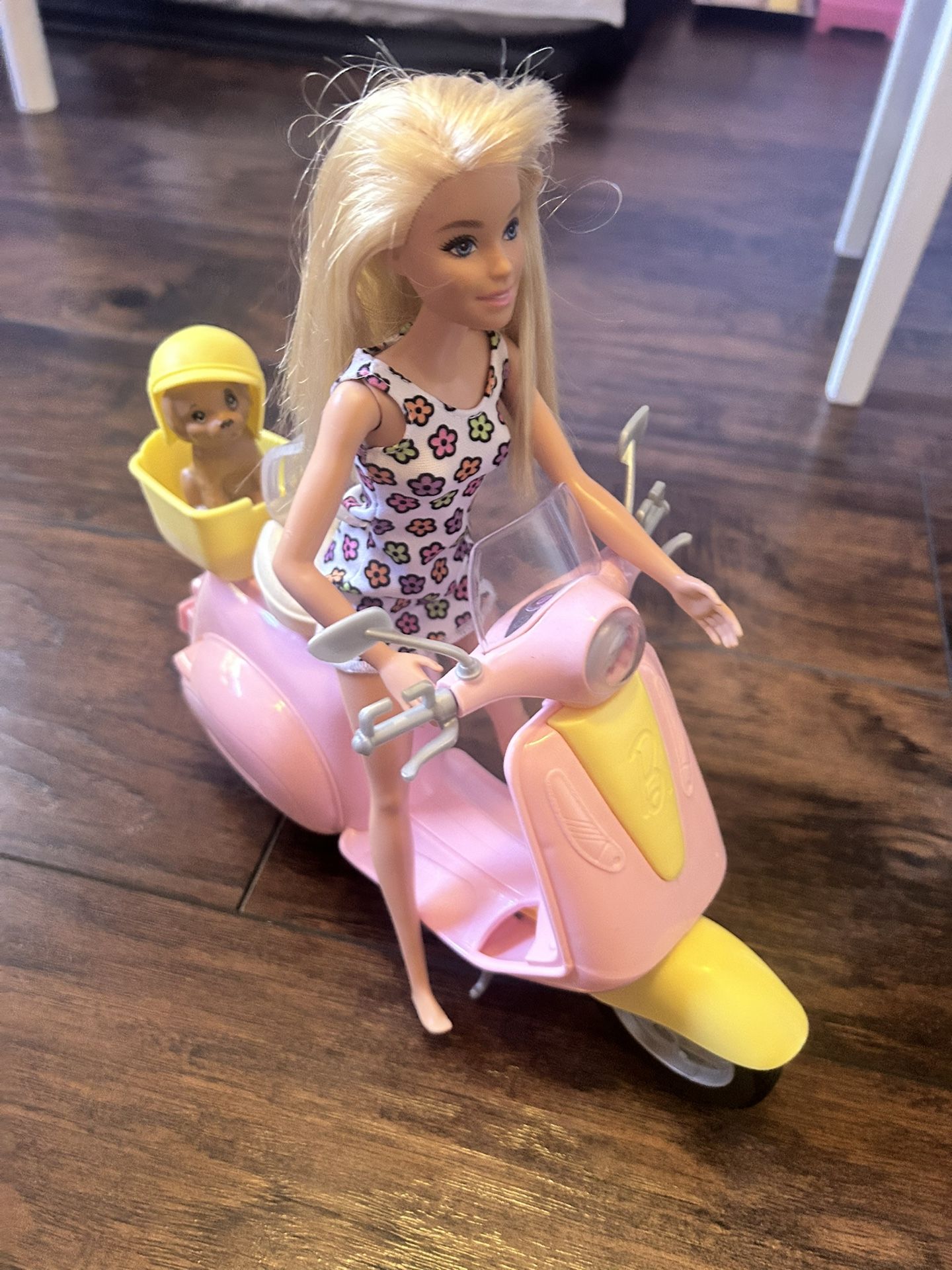 Barbie Toy Scooter With Puppy + Helmet + Basket + Barbie Doll Listed Pink And Yellow Scooter Kickstand
