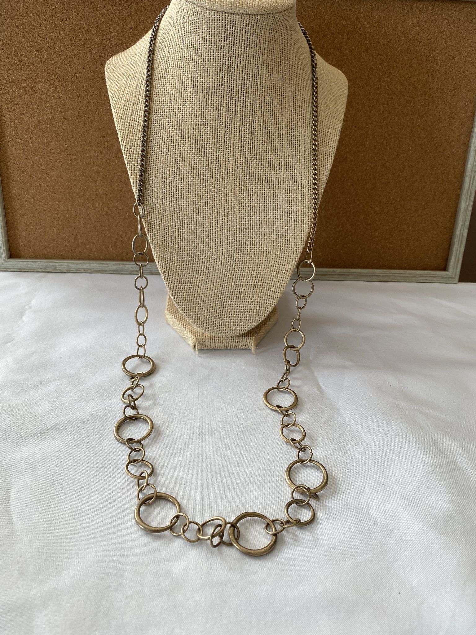 Casual brass finish Circles and chain Long Sweater necklace