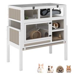 3-Story Wooden Guinea Pig Cage Rabbit Hutch with Stand & Hammock