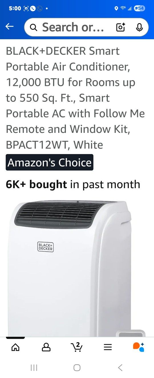 BLACK+DECKER Smart Portable Air Conditioner, 12,000 BTU for Rooms up to 550 Sq. Ft., Smart Portable AC with Follow Me Remote and Window Kit, BPACT12WT
