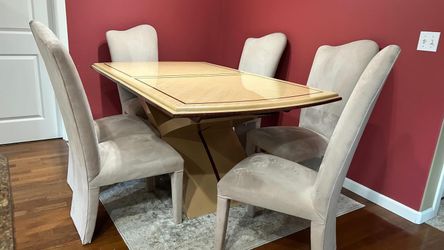 Modern Light Wood Dining Table with 6 Beige Upholstered Chairs - $400 OBO