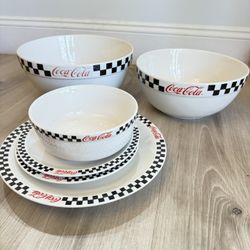 Vintage Gibson 2002 Coca Cola set lot of 6 Plates and Bowls Checkered black Coke