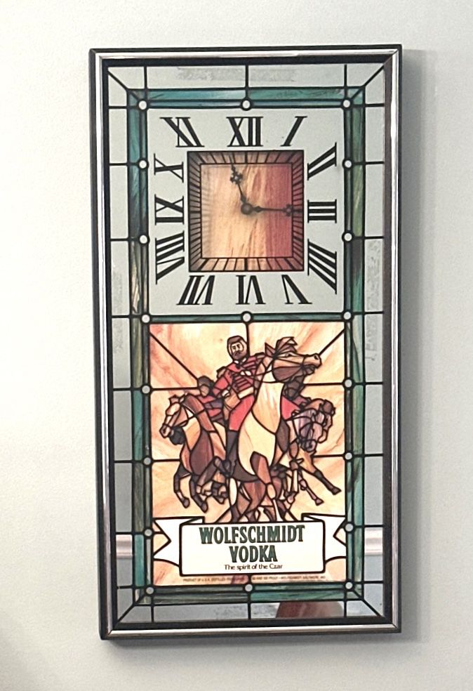 Vintage Wolfschmidt Vodka Framed Mirror & Stained Glass Look Wall Clock - Large Bar Size!