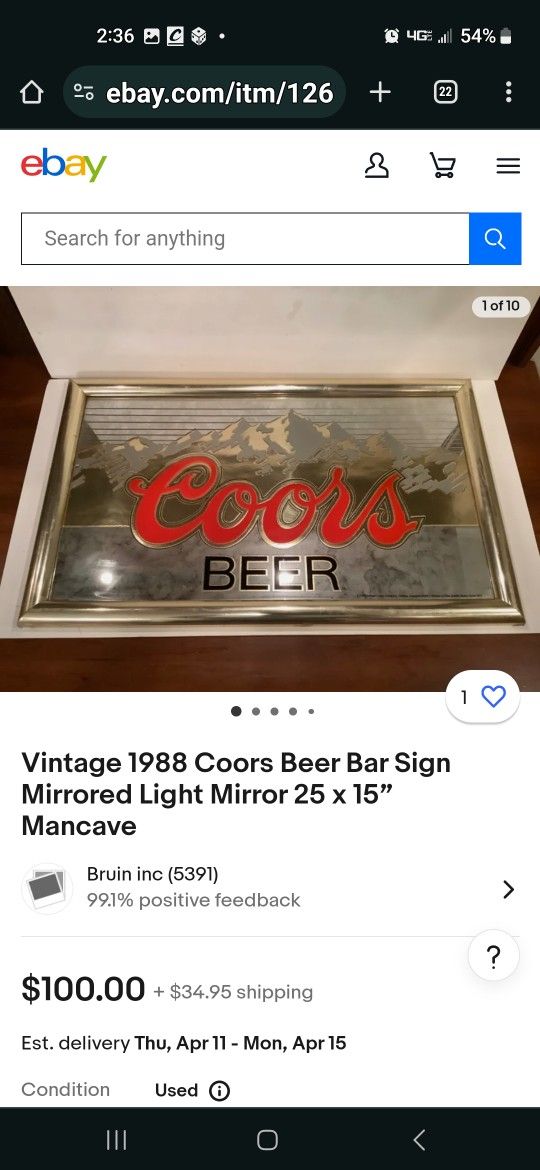Vintage 1988 ADOLPH COORS BEER Bar Sign Mirror in Frame 25" x 15"

