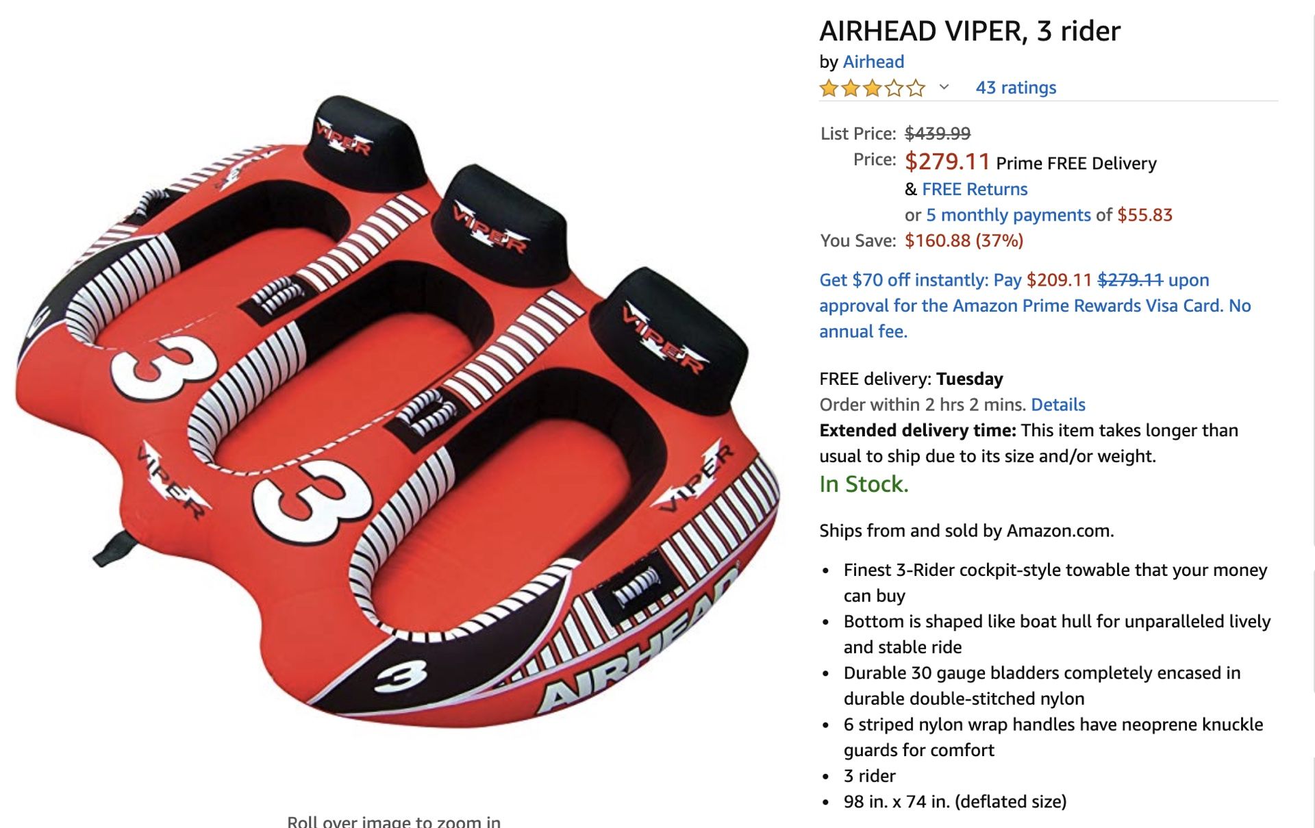 2019 Airhead Viper 3-person tube with rope