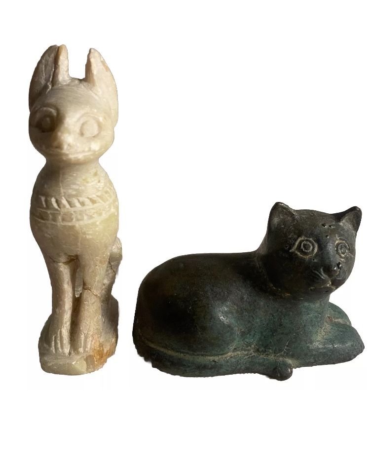 Vintage Cat Figurine LOT stone carved Bastet Bronze small sitting kitty MCM
