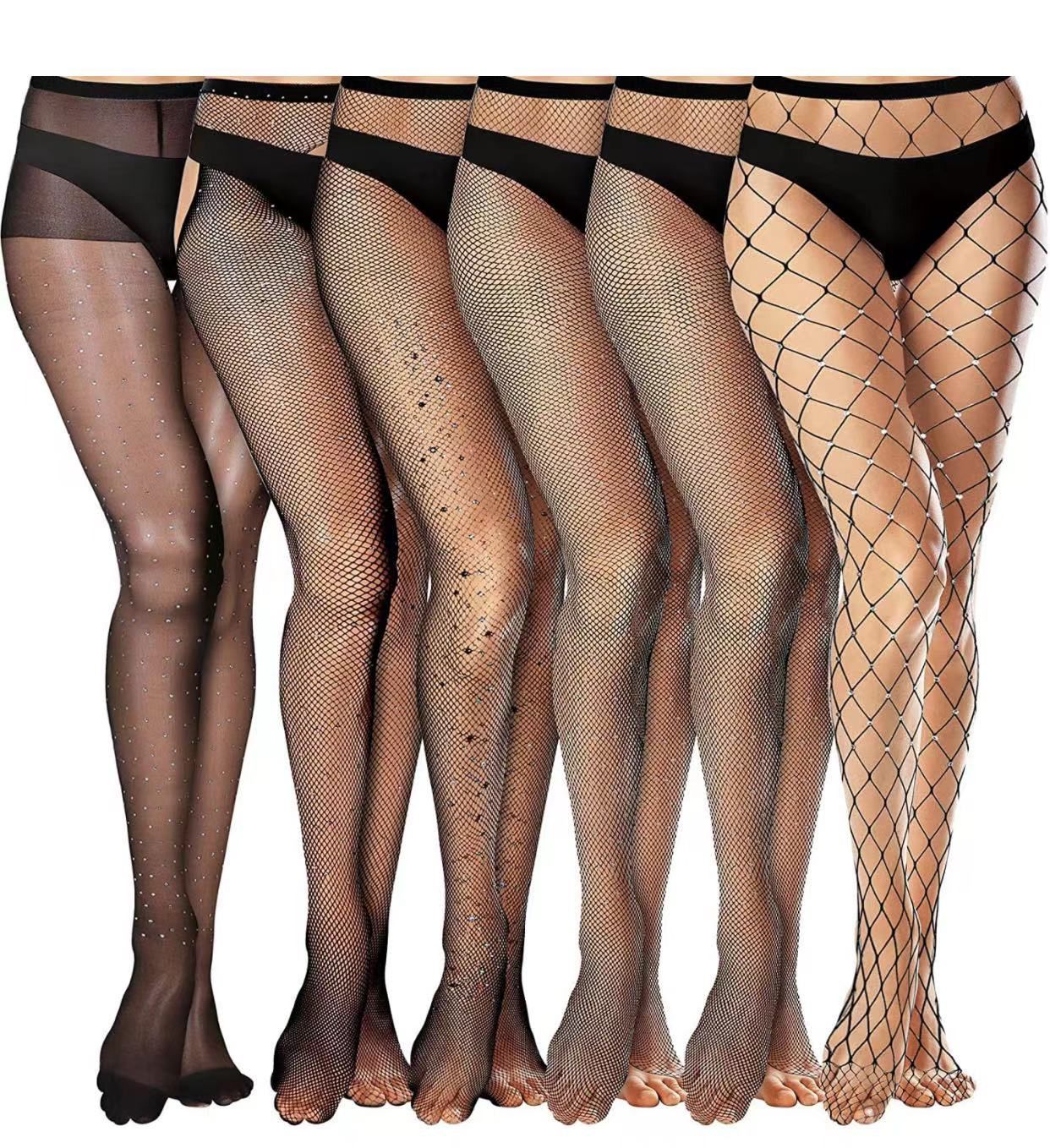 6 Pairs Rhinestone Fishnets Glitter Faux Diamond Fishnet Stockings Hollow out Thigh Fishnet Rhinestone Stockings Net Pantyhose Stockings for Girls Wom