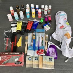 Large Lot Acrylic Paints, Brushes, Electric Engraver, Apron, Etc