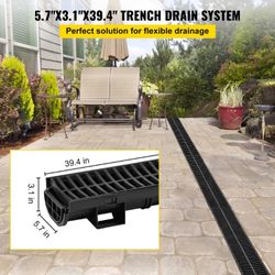 SKYSHALO 5.8″ × 3.1″ HDPE Trench Drain System with Black Plastic Grate