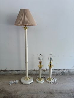 SET of 3 Vintage Art Deco Gold Cream Enamel Candlestick Tall Standing Floor Lamp Table Lamp Bases
