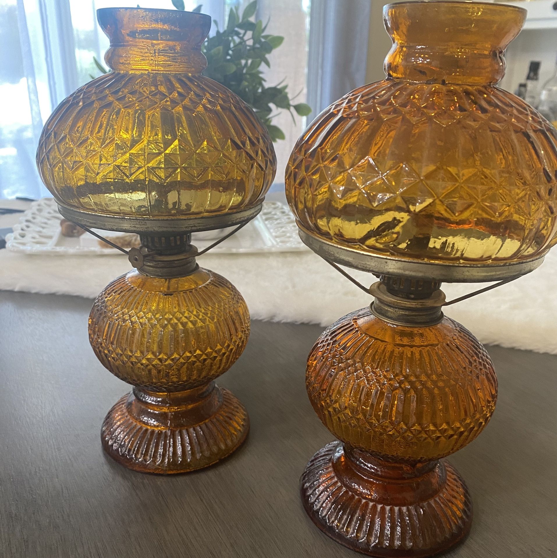 Vintage Amber Glass Kerosene Oil Lamps Made in Hong Kong