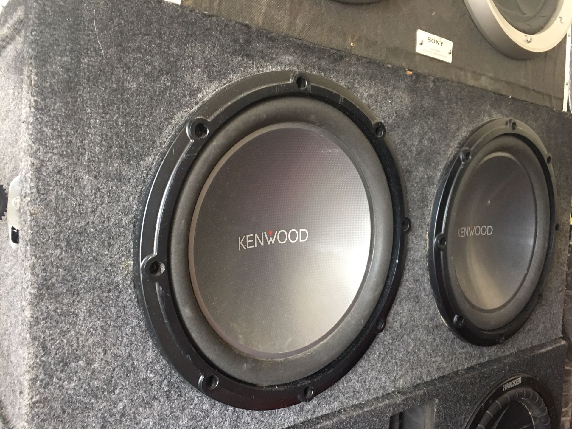 12" Kenwood with box, amp, and capacitor