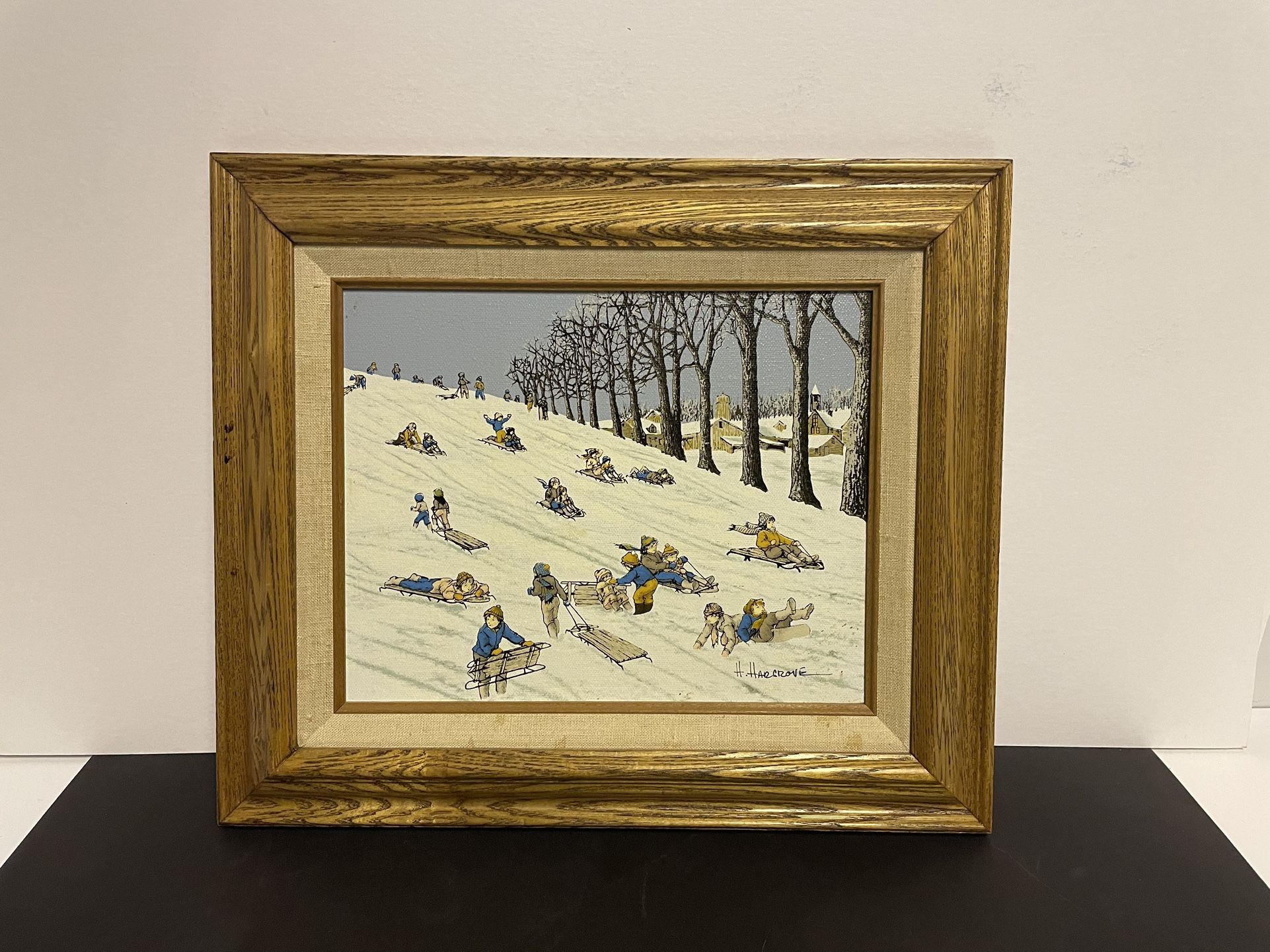 H Hargrove Serigraph Painting On Canvas “ sledding Hill Children Snow” 1984 Framed 8x10 Signed