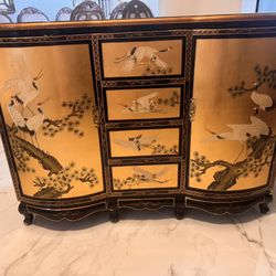 Chinoiserie Style Hand-Painted Leaf Crane Buffet 