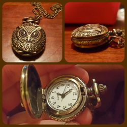 Owl bronze watch locket and chain