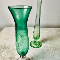 Bundle Of 2 Unique Green Vases.  8.5” And 7”