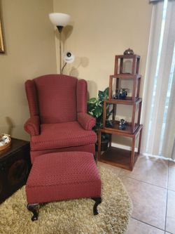 Red Patterned Wingback Chair and Ottoman