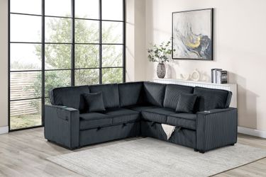 NEW‼️ 3-Pc Black Convertible Sectional Sofa With Storage, Pullout Bed, And USB Port