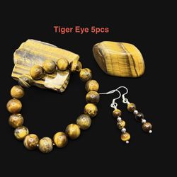 Tiger Eye Genuine Stone Earrings, Polished Stone, bracelet, & Slab Set 5pcs