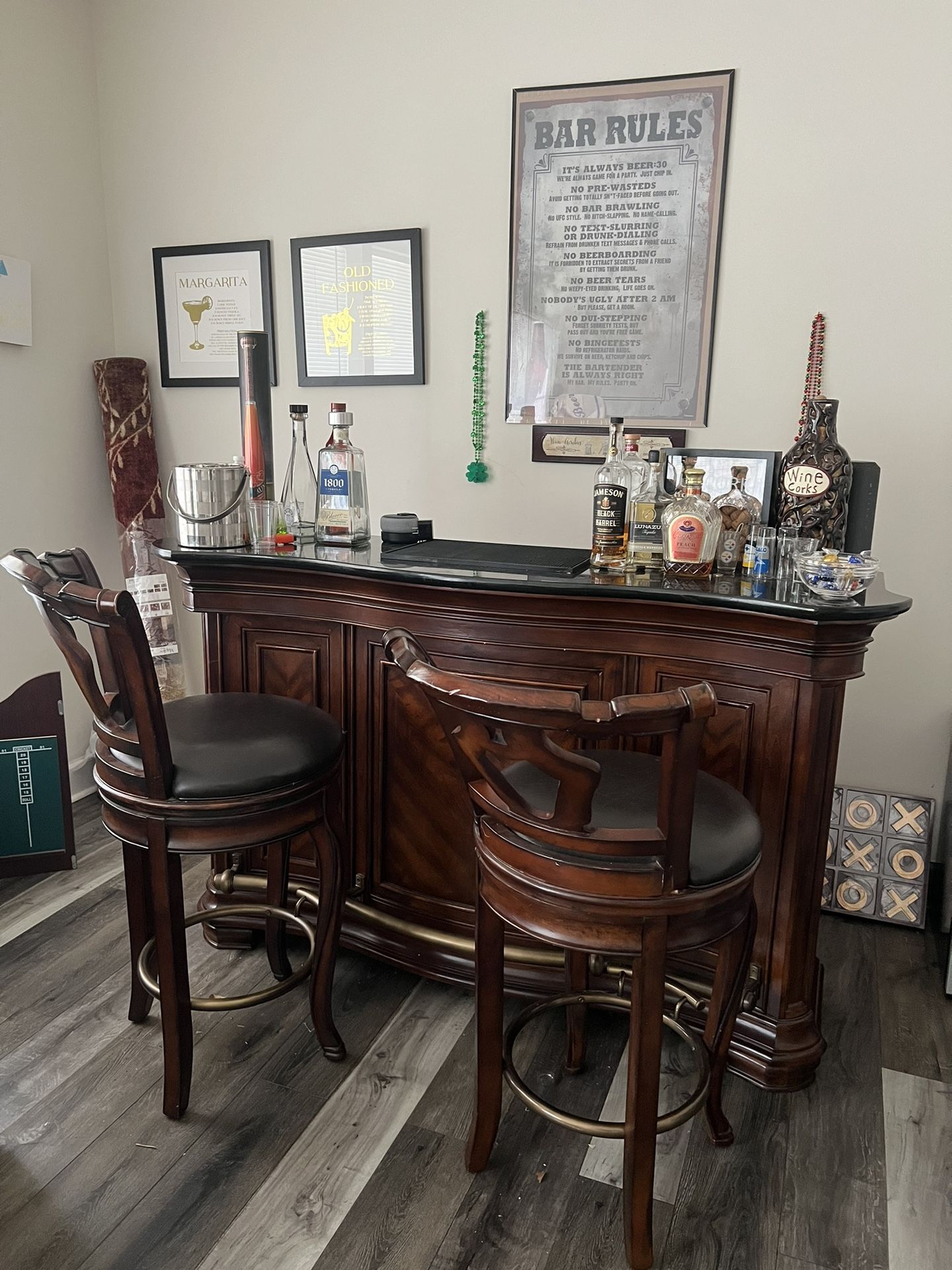 Wood Home Bar Set – Includes 2 Stools