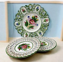 Vintage Portuguese Hand Painted Pierced Ceramic Plates Set 3 Floral Folk Art