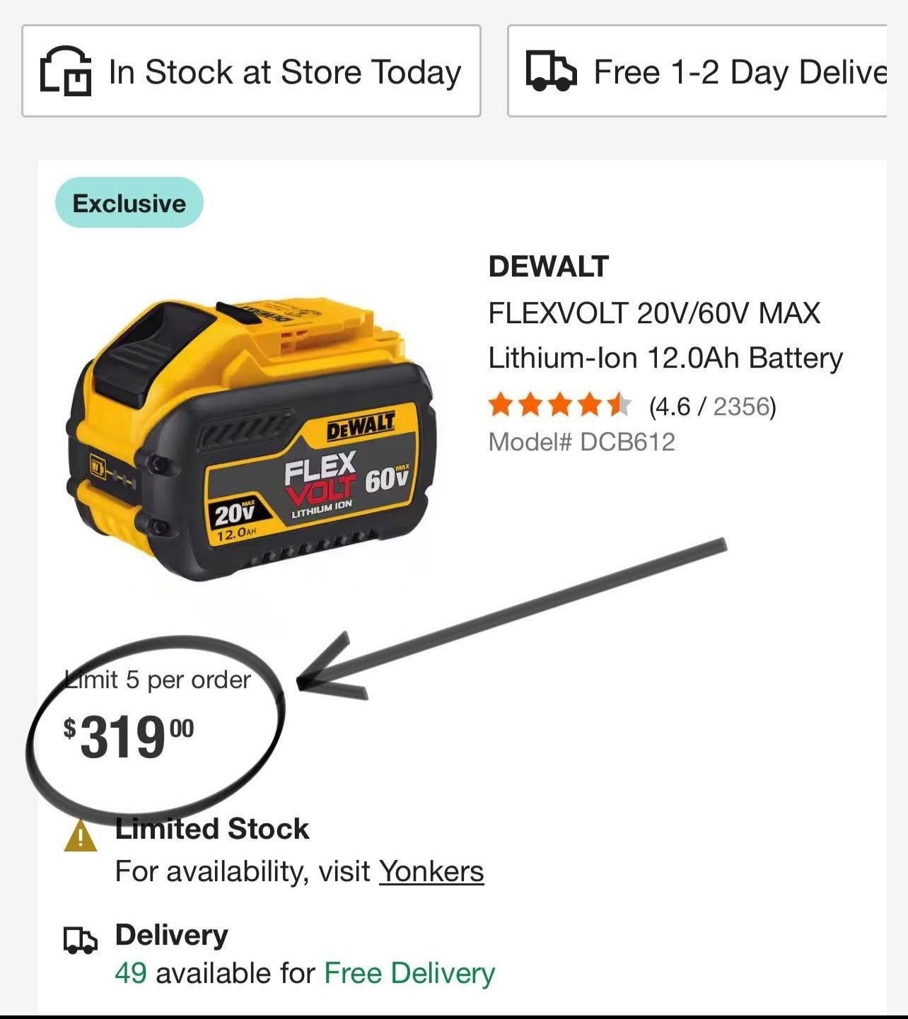 DEWALT FLEXVOLT 20V/60V MAX Lithium-lon 12.0Ah Battery