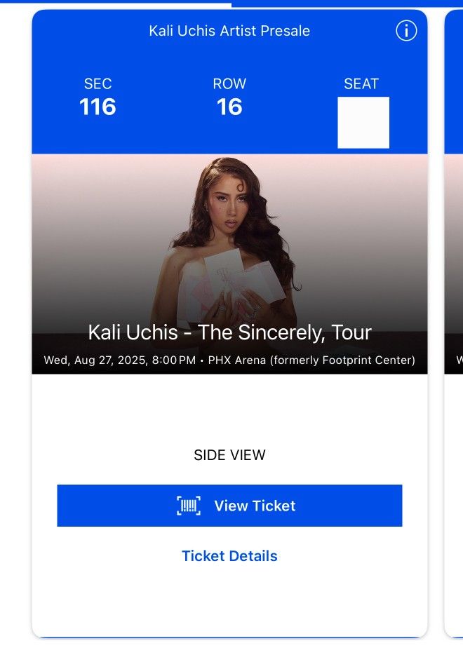 Kali Uchis - The Sincerely, Tour Wed . Aug 27 8:00PM-PHX Arena $800 Each