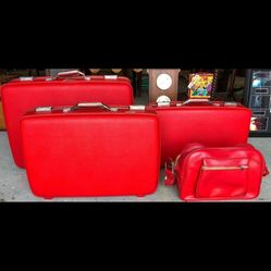 Vintage Mid Century Red 4 Piece American Tourist Luggage Set w/ Keys
