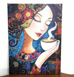 Vibrant Decorative Art of a Woman Drinking Coffee oPlease Read Description