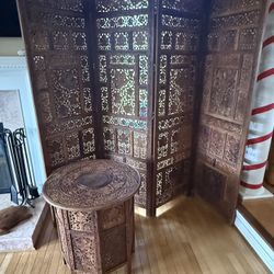Vintage Room Divider, Four Panels, Teak, Wood Handcrafted With Matching Round Side Table. Both Collapsible Unique Can Fit Under A Bed.