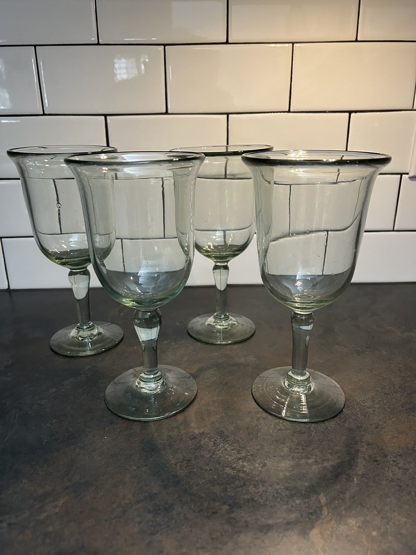 Vintage Set Of 4 Pottery Barn Light Green Wine/Water Stem Glasses 8” Inches Tall (discontinued / no longer available)