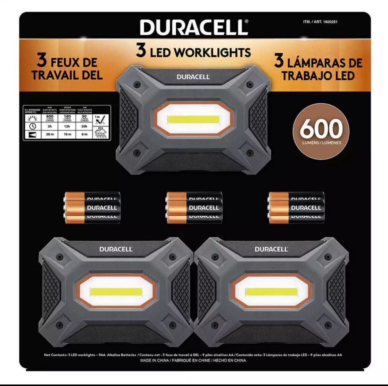 FREE DELIVERY. Duracell, 3 Pk - 600 Lumen LED Worklight Work, Safety and Emergency Light IPX4