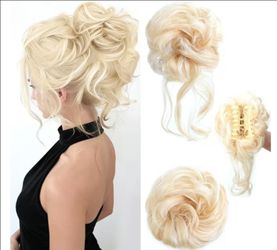 2 Pieces Claw Clip Messy Bun Hair Pieces Light Blonde Mix/White Blonde Synthetic Heat Resistant