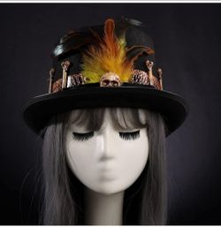 Black Voodoo Top Hat with Feathers and Skull