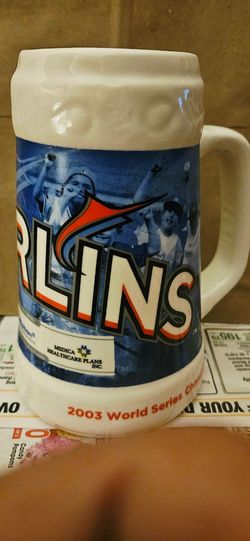 MARLINS 1(contact info removed) WORLD SERIES LARGE CERAMIC STEIN Cup Mug HEALTHCARE SPONSOR, firm, ship Available