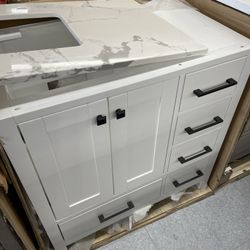 Bathroom vanity cabinet 36” full mango Quartz top with sink And Backsplash