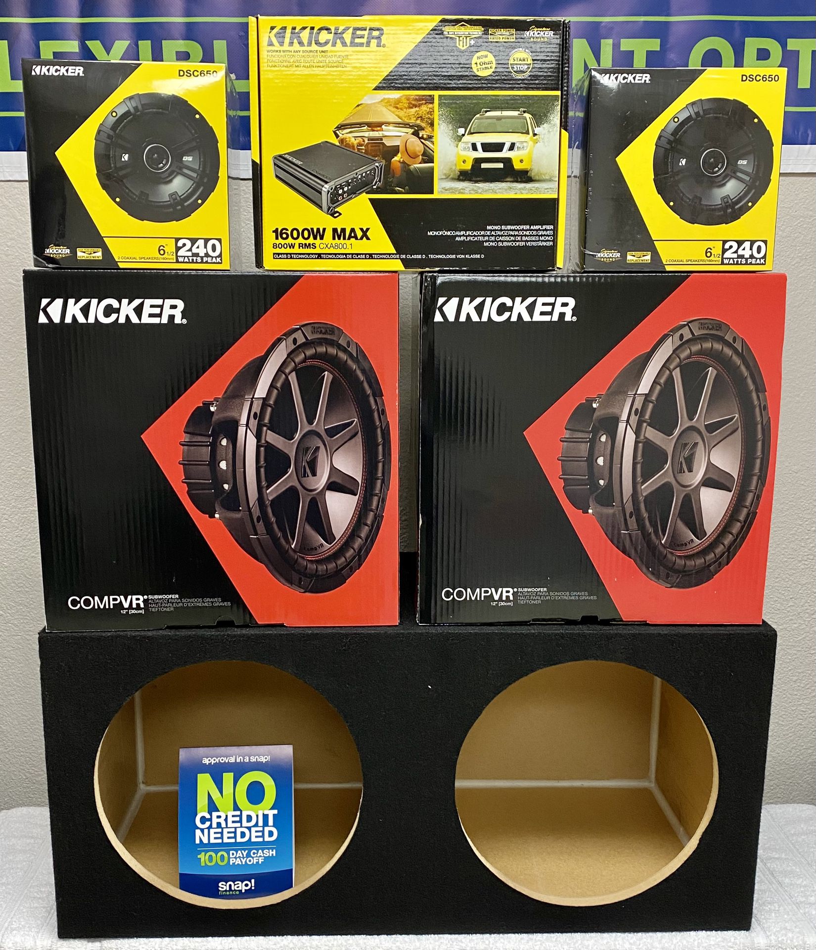 New (2) 12” inch KICKER CVR 800 Watts Subwoofers + Kicker 1600 Watts Amp + (4) 6.5” Kicker Speakers {No Credit Easy Financing} 🔊🤑