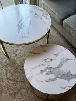 Coffee Table Set of 2, 31.5" Round Coffee Table Wooden Marble Pattern Accent Furniture, Industrial End Table for L