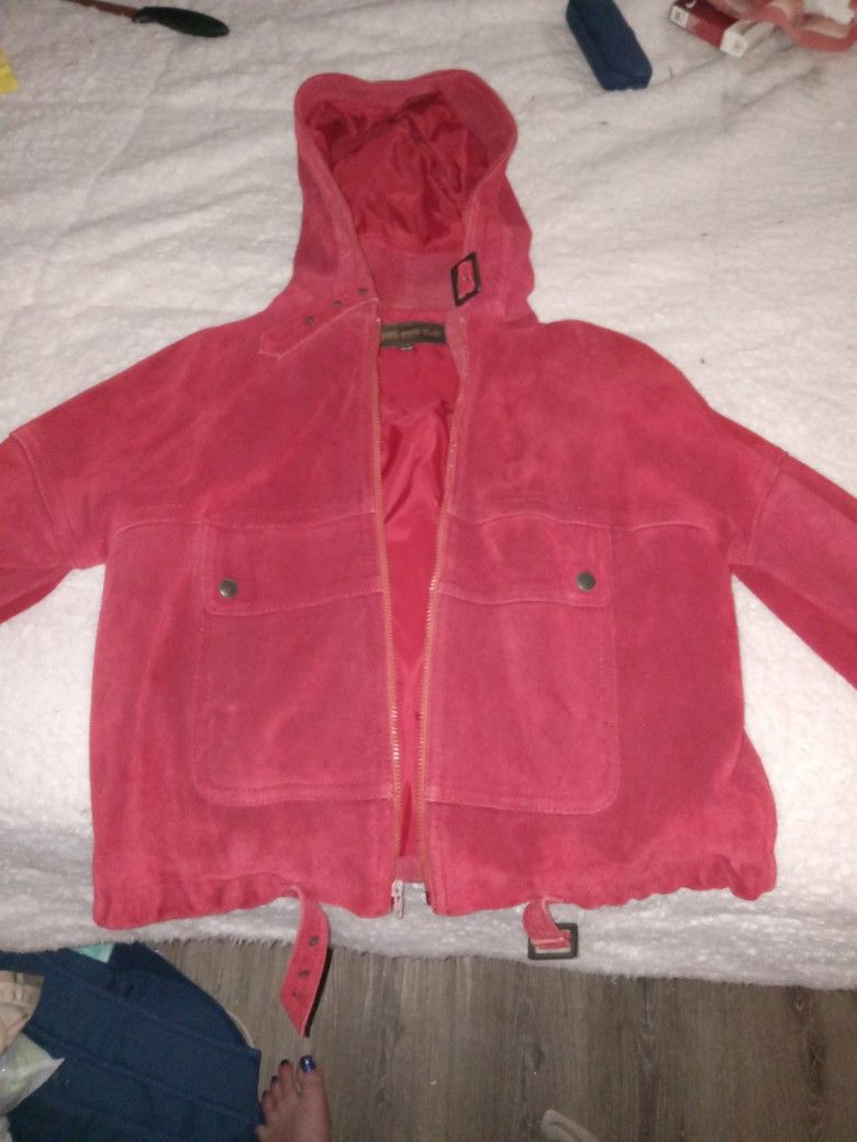 Red .sweud Lether Jacket Small Or Medium